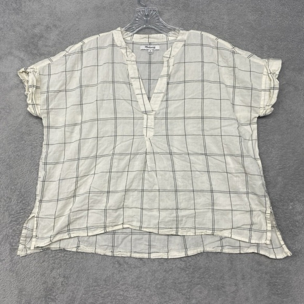 Madewell Shirt Womens XS White Check Boxy V Neck Cotton Pullover Short Sleeve - Picture 2 of 8